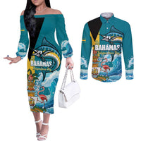 The Bahamas Independence Day Couples Matching Off The Shoulder Long Sleeve Dress and Long Sleeve Button Shirt Bahamian Blue Marlin National Color
