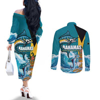 The Bahamas Independence Day Couples Matching Off The Shoulder Long Sleeve Dress and Long Sleeve Button Shirt Bahamian Blue Marlin National Color