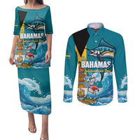 The Bahamas Independence Day Couples Matching Puletasi and Long Sleeve Button Shirt Bahamian Blue Marlin National Color