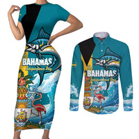 The Bahamas Independence Day Couples Matching Short Sleeve Bodycon Dress and Long Sleeve Button Shirt Bahamian Blue Marlin National Color