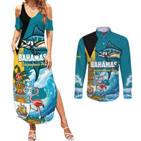 The Bahamas Independence Day Couples Matching Summer Maxi Dress and Long Sleeve Button Shirt Bahamian Blue Marlin National Color