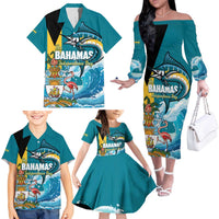 The Bahamas Independence Day Family Matching Off The Shoulder Long Sleeve Dress and Hawaiian Shirt Bahamian Blue Marlin National Color
