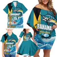 The Bahamas Independence Day Family Matching Off Shoulder Short Dress and Hawaiian Shirt Bahamian Blue Marlin National Color