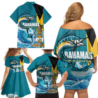 The Bahamas Independence Day Family Matching Off Shoulder Short Dress and Hawaiian Shirt Bahamian Blue Marlin National Color
