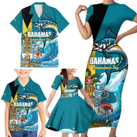 The Bahamas Independence Day Family Matching Short Sleeve Bodycon Dress and Hawaiian Shirt Bahamian Blue Marlin National Color