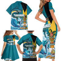 The Bahamas Independence Day Family Matching Short Sleeve Bodycon Dress and Hawaiian Shirt Bahamian Blue Marlin National Color