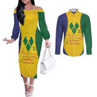 SVG Vincy Mas Couples Matching Off The Shoulder Long Sleeve Dress and Long Sleeve Button Shirt Saint Vincent and the Grenadines National Carnival - Wonder Print Shop