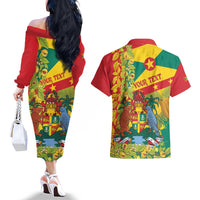 Personalized Grenada Spicemas 2025 Couples Matching Off The Shoulder Long Sleeve Dress and Hawaiian Shirt Spice Isle Nutmeg Cocoa Pod - Wonder Print Shop
