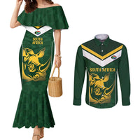 South Africa Rugby Custom Couples Matching Mermaid Dress and Long Sleeve Button Shirt Springboks Kente Rhino Symbol - Wonder Print Shop