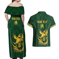 South Africa Rugby Custom Couples Matching Off Shoulder Maxi Dress and Hawaiian Shirt Springboks Kente Rhino Symbol - Wonder Print Shop