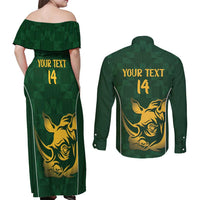 South Africa Rugby Custom Couples Matching Off Shoulder Maxi Dress and Long Sleeve Button Shirt Springboks Kente Rhino Symbol - Wonder Print Shop