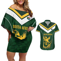 South Africa Rugby Custom Couples Matching Off Shoulder Short Dress and Hawaiian Shirt Springboks Kente Rhino Symbol - Wonder Print Shop