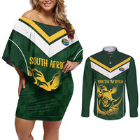 South Africa Rugby Custom Couples Matching Off Shoulder Short Dress and Long Sleeve Button Shirt Springboks Kente Rhino Symbol - Wonder Print Shop