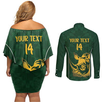 South Africa Rugby Custom Couples Matching Off Shoulder Short Dress and Long Sleeve Button Shirt Springboks Kente Rhino Symbol - Wonder Print Shop