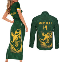 South Africa Rugby Custom Couples Matching Short Sleeve Bodycon Dress and Long Sleeve Button Shirt Springboks Kente Rhino Symbol - Wonder Print Shop