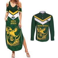 South Africa Rugby Custom Couples Matching Summer Maxi Dress and Long Sleeve Button Shirt Springboks Kente Rhino Symbol - Wonder Print Shop