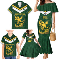 South Africa Rugby Custom Family Matching Mermaid Dress and Hawaiian Shirt Springboks Kente Rhino Symbol - Wonder Print Shop