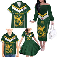 South Africa Rugby Custom Family Matching Off The Shoulder Long Sleeve Dress and Hawaiian Shirt Springboks Kente Rhino Symbol - Wonder Print Shop