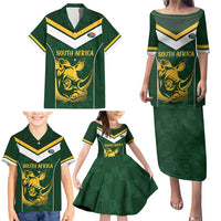 South Africa Rugby Custom Family Matching Puletasi and Hawaiian Shirt Springboks Kente Rhino Symbol - Wonder Print Shop