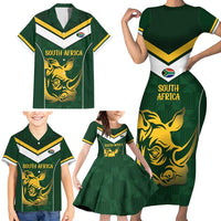 South Africa Rugby Custom Family Matching Short Sleeve Bodycon Dress and Hawaiian Shirt Springboks Kente Rhino Symbol - Wonder Print Shop