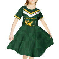 South Africa Rugby Custom Kid Short Sleeve Dress Springboks Kente Rhino Symbol - Wonder Print Shop
