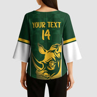 South Africa Rugby Custom Kimono Sleeve Blouse Springboks Kente Rhino Symbol - Wonder Print Shop