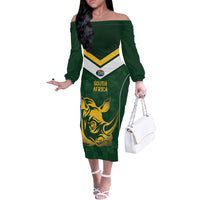 South Africa Rugby Custom Off The Shoulder Long Sleeve Dress Springboks Kente Rhino Symbol - Wonder Print Shop