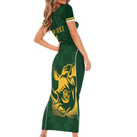 South Africa Rugby Custom Short Sleeve Bodycon Dress Springboks Kente Rhino Symbol - Wonder Print Shop