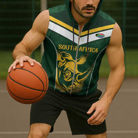 South Africa Rugby Custom Sleeveless Zip Hoodie Springboks Kente Rhino Symbol - Wonder Print Shop