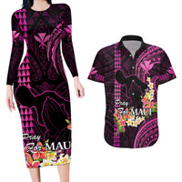 Hawaii Couples Matching Long Sleeve Bodycon Dress and Hawaiian Shirt Pray For Maui Hawaiian Plumeria Be Strong Pink Verison - Wonder Print Shop
