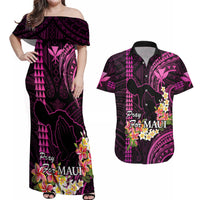 Hawaii Couples Matching Off Shoulder Maxi Dress and Hawaiian Shirt Pray For Maui Hawaiian Plumeria Be Strong Pink Verison - Wonder Print Shop