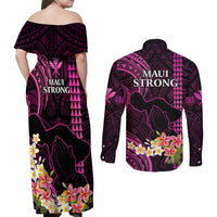 Hawaii Couples Matching Off Shoulder Maxi Dress and Long Sleeve Button Shirts Pray For Maui Hawaiian Plumeria Be Strong Pink Verison - Wonder Print Shop