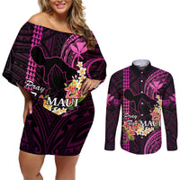 Hawaii Couples Matching Off Shoulder Short Dress and Long Sleeve Button Shirts Pray For Maui Hawaiian Plumeria Be Strong Pink Verison - Wonder Print Shop