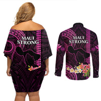 Hawaii Couples Matching Off Shoulder Short Dress and Long Sleeve Button Shirts Pray For Maui Hawaiian Plumeria Be Strong Pink Verison - Wonder Print Shop
