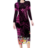 Hawaii Long Sleeve Bodycon Dress Pray For Maui Hawaiian Plumeria Be Strong Pink Verison - Wonder Print Shop