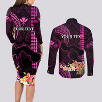Personalised Hawaii Couples Matching Long Sleeve Bodycon Dress and Long Sleeve Button Shirts Pray For Maui Hawaiian Plumeria Be Strong Pink Verison - Wonder Print Shop