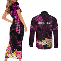 Personalised Hawaii Couples Matching Short Sleeve Bodycon Dress and Long Sleeve Button Shirts Pray For Maui Hawaiian Plumeria Be Strong Pink Verison - Wonder Print Shop