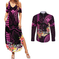 Personalised Hawaii Couples Matching Summer Maxi Dress and Long Sleeve Button Shirts Pray For Maui Hawaiian Plumeria Be Strong Pink Verison - Wonder Print Shop