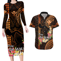 Hawaii Couples Matching Long Sleeve Bodycon Dress and Hawaiian Shirt Pray For Maui Hawaiian Plumeria Be Strong Gold Verison - Wonder Print Shop