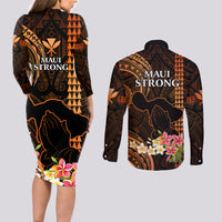 Hawaii Couples Matching Long Sleeve Bodycon Dress and Long Sleeve Button Shirts Pray For Maui Hawaiian Plumeria Be Strong Gold Verison - Wonder Print Shop