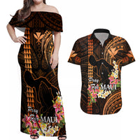 Hawaii Couples Matching Off Shoulder Maxi Dress and Hawaiian Shirt Pray For Maui Hawaiian Plumeria Be Strong Gold Verison - Wonder Print Shop