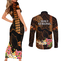Hawaii Couples Matching Short Sleeve Bodycon Dress and Long Sleeve Button Shirts Pray For Maui Hawaiian Plumeria Be Strong Gold Verison - Wonder Print Shop