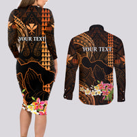 Personalised Hawaii Couples Matching Long Sleeve Bodycon Dress and Long Sleeve Button Shirts Pray For Maui Hawaiian Plumeria Be Strong Gold Verison - Wonder Print Shop