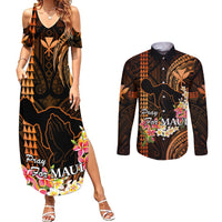 Personalised Hawaii Couples Matching Summer Maxi Dress and Long Sleeve Button Shirts Pray For Maui Hawaiian Plumeria Be Strong Gold Verison - Wonder Print Shop