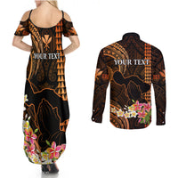 Personalised Hawaii Couples Matching Summer Maxi Dress and Long Sleeve Button Shirts Pray For Maui Hawaiian Plumeria Be Strong Gold Verison - Wonder Print Shop