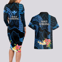 Hawaii Couples Matching Long Sleeve Bodycon Dress and Hawaiian Shirt Pray For Maui Hawaiian Plumeria Be Strong Blue Verison - Wonder Print Shop
