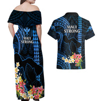 Hawaii Couples Matching Off Shoulder Maxi Dress and Hawaiian Shirt Pray For Maui Hawaiian Plumeria Be Strong Blue Verison - Wonder Print Shop