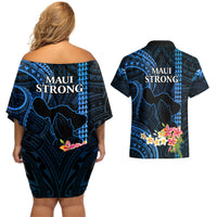 Hawaii Couples Matching Off Shoulder Short Dress and Hawaiian Shirt Pray For Maui Hawaiian Plumeria Be Strong Blue Verison - Wonder Print Shop