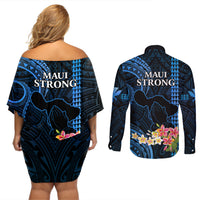 Hawaii Couples Matching Off Shoulder Short Dress and Long Sleeve Button Shirts Pray For Maui Hawaiian Plumeria Be Strong Blue Verison - Wonder Print Shop