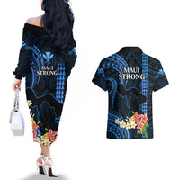Hawaii Couples Matching Off The Shoulder Long Sleeve Dress and Hawaiian Shirt Pray For Maui Hawaiian Plumeria Be Strong Blue Verison - Wonder Print Shop